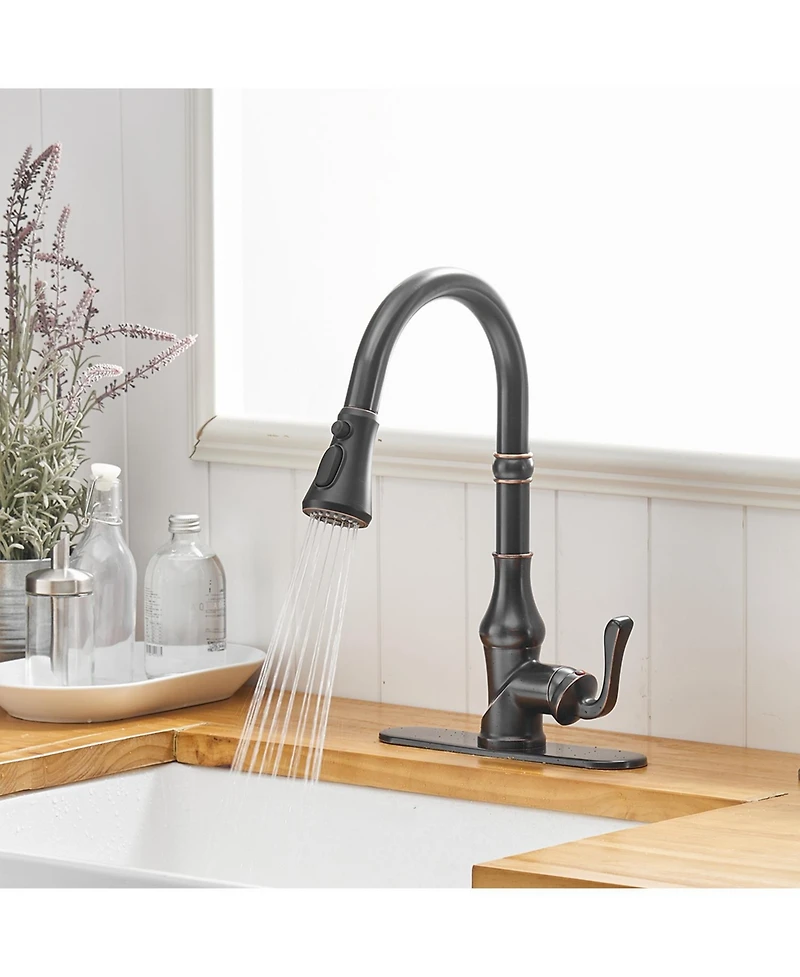 Single-Handle Pull-Down Sprayer 3 Spray High Arc Kitchen Faucet With Deck Plate in Oil Rubbed Bronze