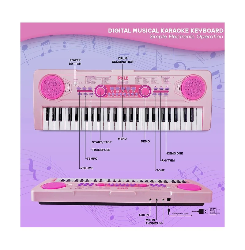 Pyle Kids Pink 49-Key Light-Up Karaoke Piano Keyboard with Mic - PKBRD4912PK