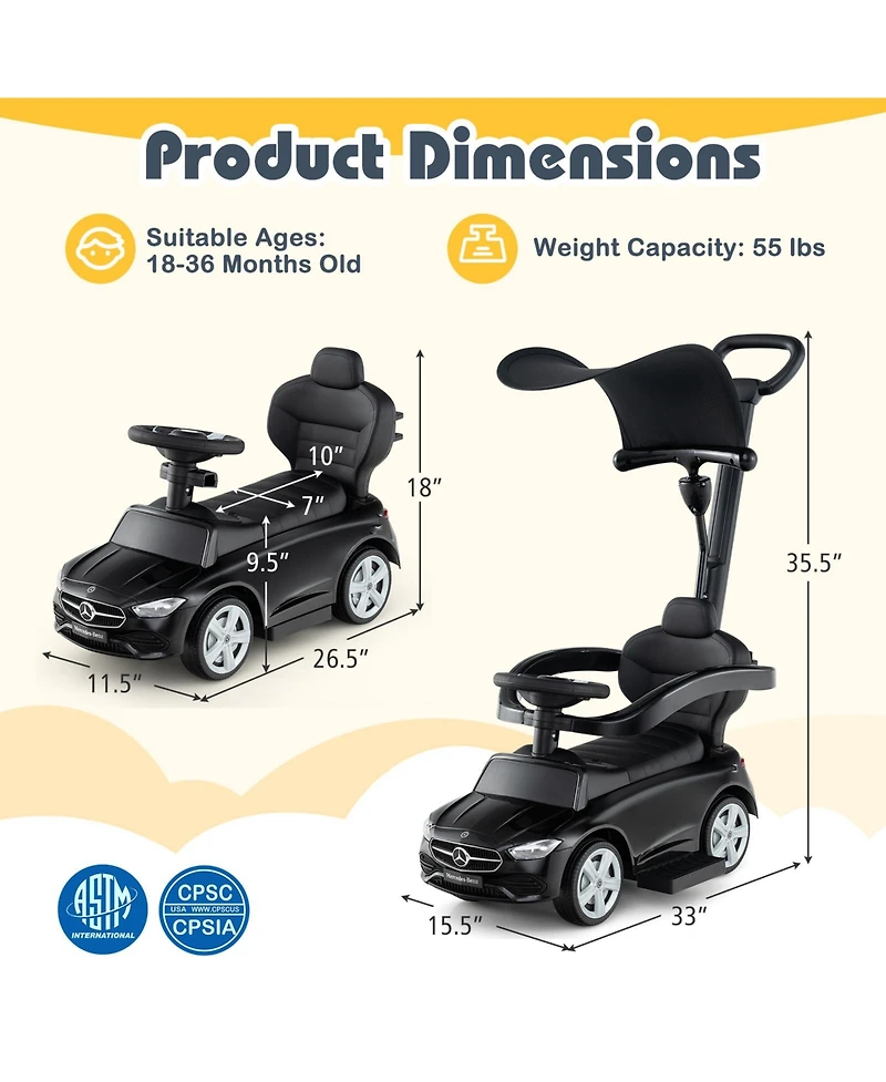 3-in-1 Mercedes Benz Ride-On Toddler Sliding Car with Push Handle