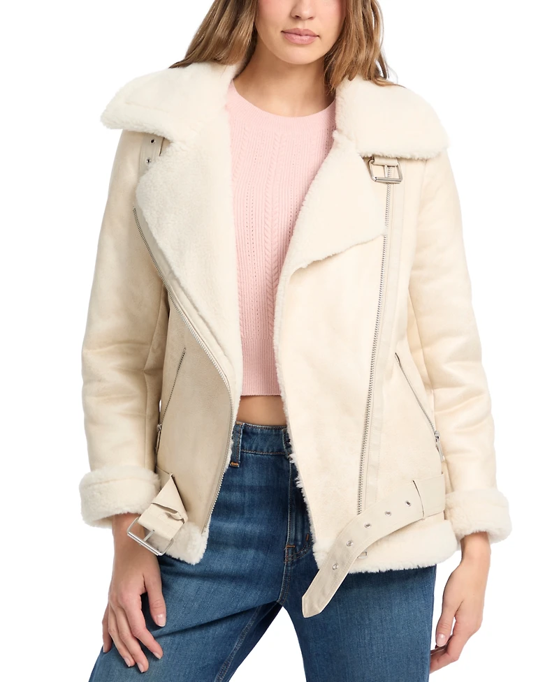 Guess Women's Faux-Shearling Asymmetric Moto Coat