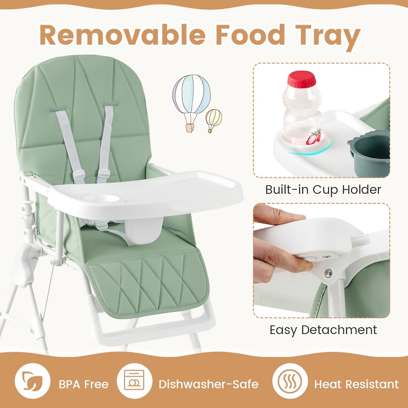 Slickblue Toddler Easy Clean Compact Highchair with Removable Adjustable Tray and Pu Seat Cushion