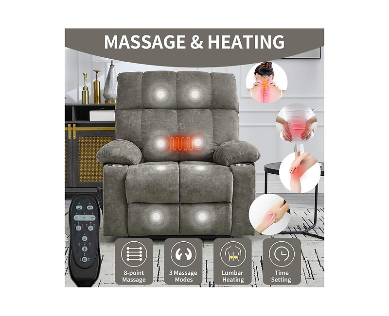 Dual Motor Infinite Position Up to 350 Lbs Chenille Power Lift Recliner Chair with 8-Point Vibration Massage and Lumbar Heating Cup Holders