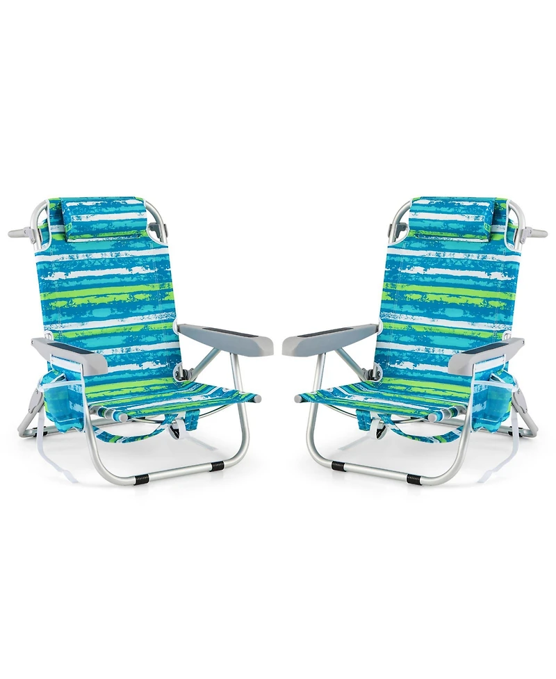 Foldable Backpack Beach Chair with Cup Holder and Storage Pockets Set of 2