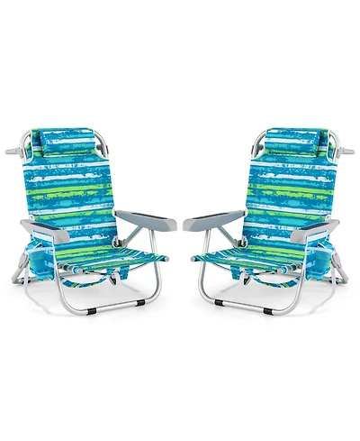 Foldable Backpack Beach Chair with Cup Holder and Storage Pockets Set of 2