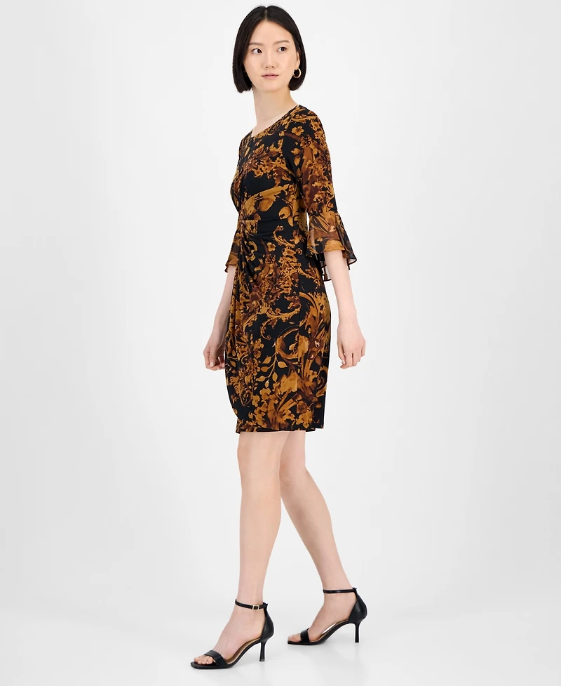 Connected Petite Printed Side-Tab Ruffled-Cuff Dress