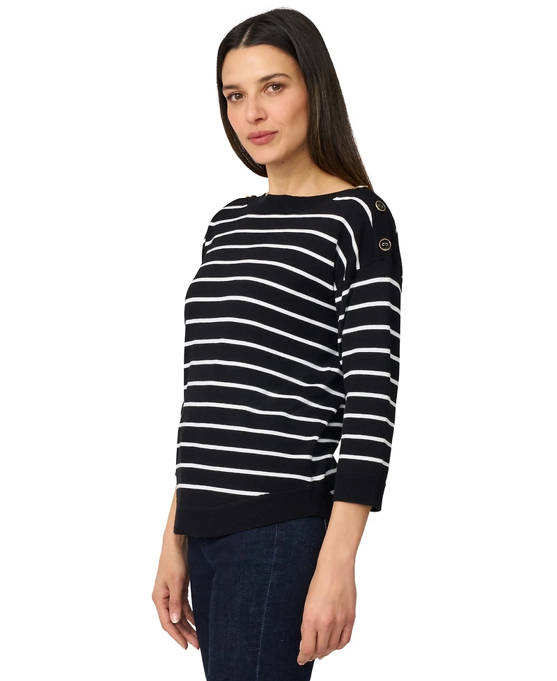 Melissa Paige Women's Striped Button-Shoulder Boatneck 3/4-Sleeve Sweater