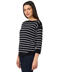 Melissa Paige Women's Striped Button-Shoulder Boatneck 3/4-Sleeve Sweater