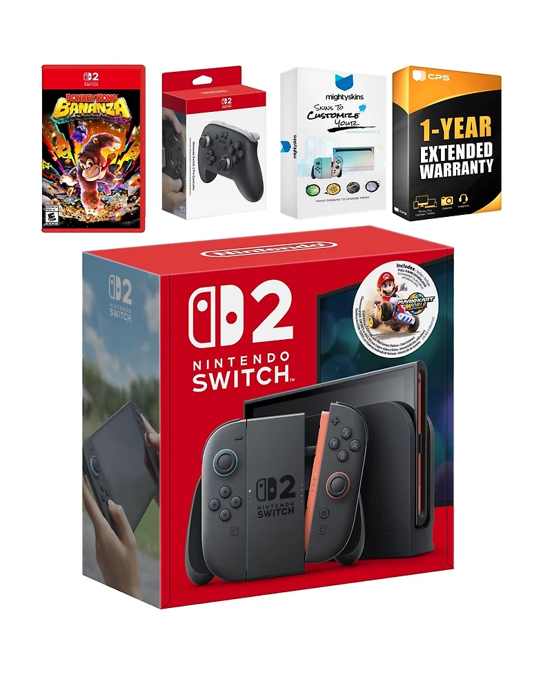 Nintendo Switch 2 + Mario Kart World Bundle with Donkey Kong Bonanza, Pro Controller, MightySkins Code and 1 Cps Year Extended Warranty