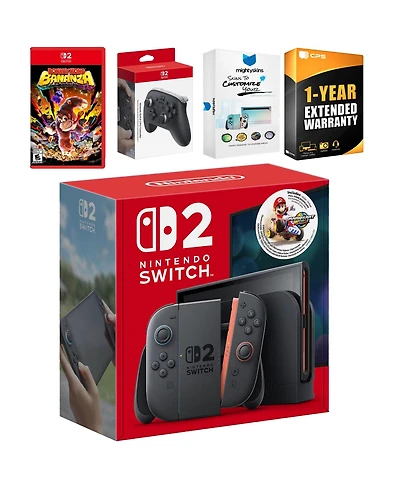 Nintendo Switch 2 + Mario Kart World Bundle with Donkey Kong Bonanza, Pro Controller, MightySkins Code and 1 Cps Year Extended Warranty