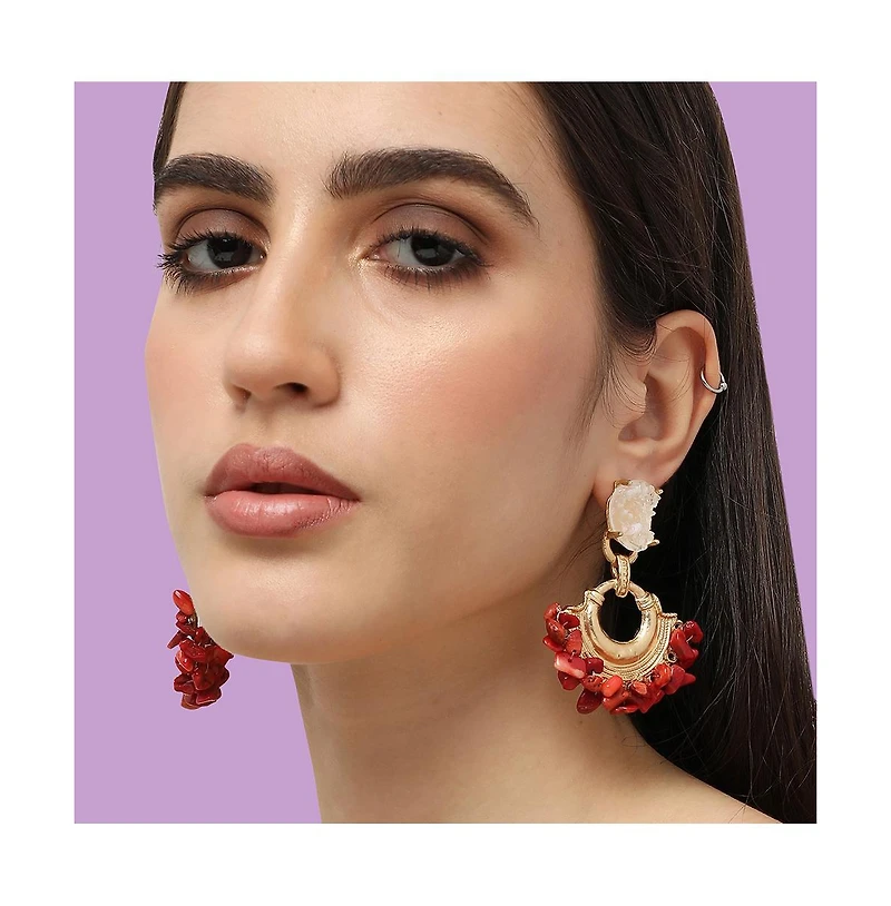 Sohi Women's Red Cluster Stone Drop Earrings