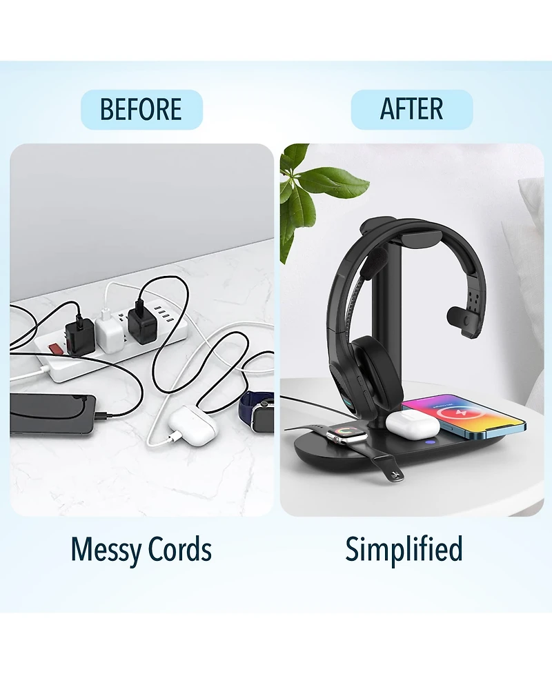 Delton Wireless Computer Headset And Qi Charging Stand, 2.4G Usb Bluetooth Headphones with Microphone for Pc, Laptop & 20W Charging Stand for Smartpho