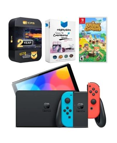 Nintendo Switch Neon Oled With Animal Crossing New Horizons Mightyskins Voucher 2 Year Cps Extended Warranty