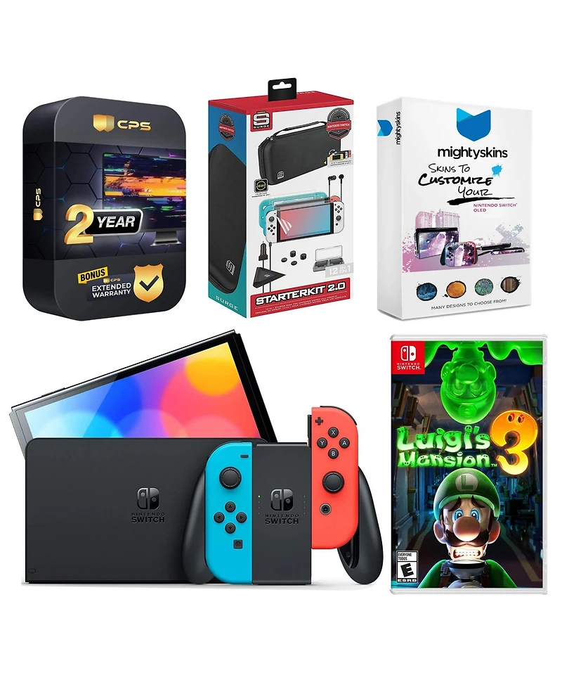 Nintendo Switch Oled Neon with Luigi's Mansion 3, Gaming Kit, MightySkins Voucher and 2 Year Cps Extended Warranty