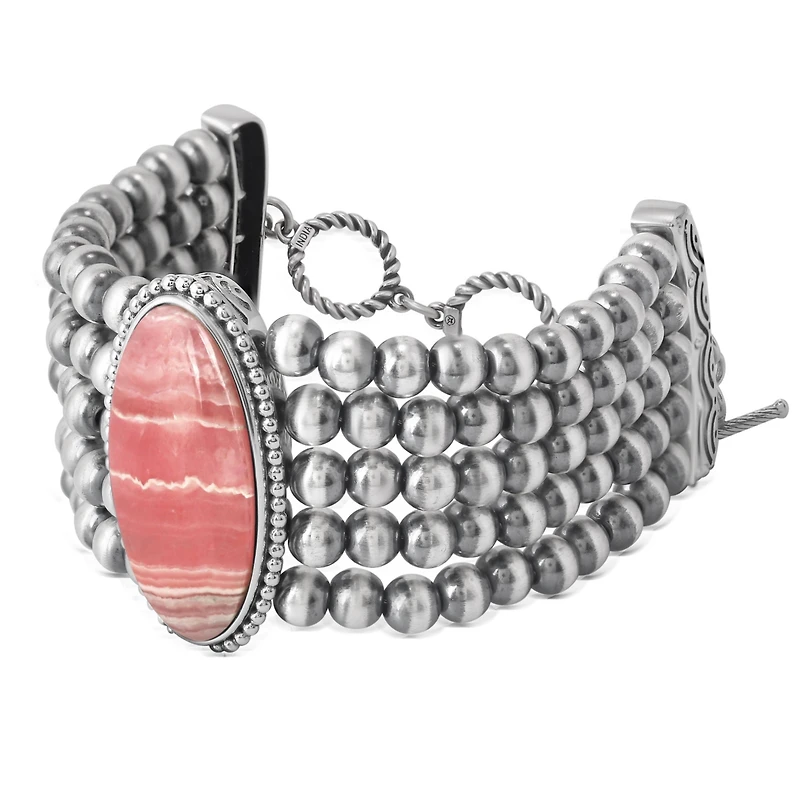 American West Jewelry Sterling Silver Oval Rhodochrosite Oval Cut Beaded Toggle Bracelet