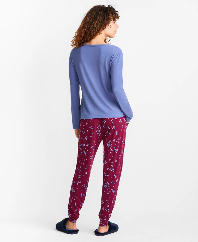 State of Day Women's Long-Sleeve Ribbed Henley Sleep Top Xs-3X, Created for Macy's