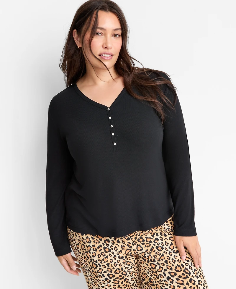 State of Day Women's Long-Sleeve Ribbed Henley Sleep Top Xs-3X, Created for Macy's