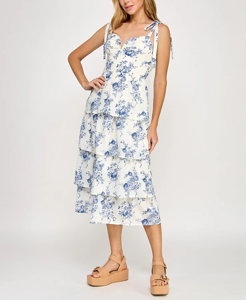 Crystal Doll Juniors' Floral Print Tie-Shoulder Tiered Dress