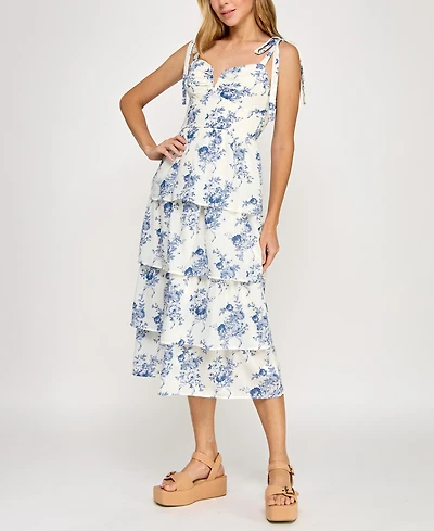 Crystal Doll Juniors' Floral Print Tie-Shoulder Tiered Dress
