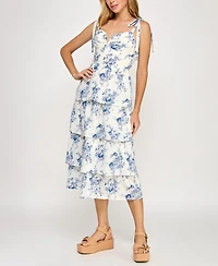 Crystal Doll Juniors' Floral Print Tie-Shoulder Tiered Dress