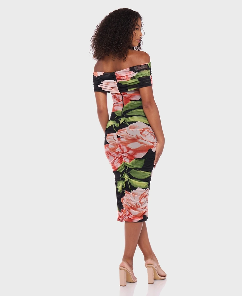 B Darlin Juniors' Printed Mesh Off-The-Shoulder Midi Dress