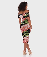 B Darlin Juniors' Printed Mesh Off-The-Shoulder Midi Dress