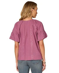 Democracy Petite Cotton Embroidered Bubble-Sleeve Top