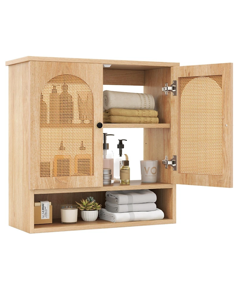 Slickblue Bathroom Wall Cabinet with Adjustable Shelves Open Cube and Rattan Doors