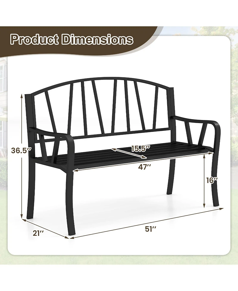 Gymax 51'' Metal Garden Bench Patio Slatted Bench for 2-3 People & Park-Style Loveseat