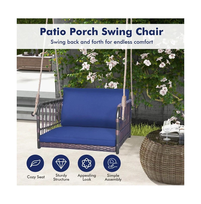 1-Person Rattan Hanging Porch Swing Seat with Cushions and Ropes