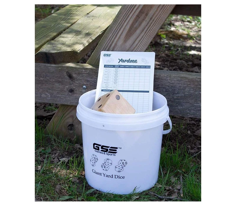 Gse Games & Sports Expert 3.5-Inch Premium Oak Giant Yard Dice Set with Bucket and Yardzee & Farkle Scorecard.