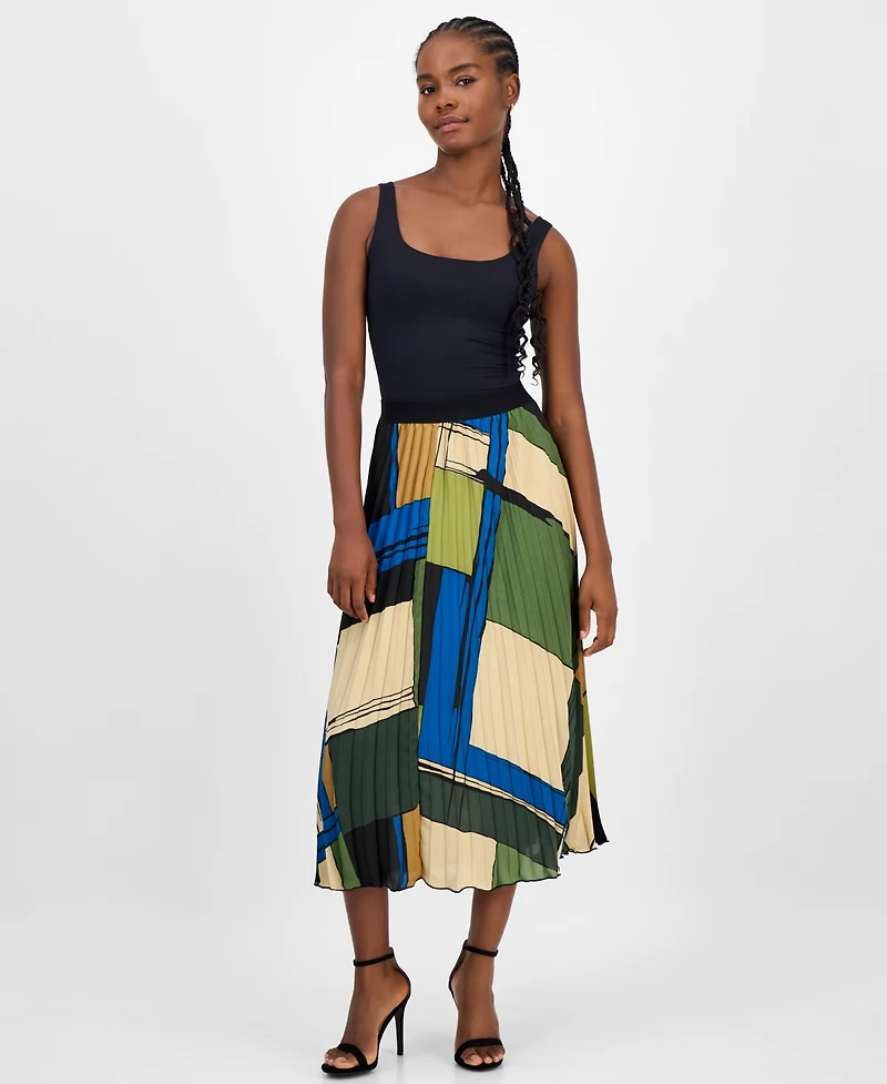 T Tahari Women's Printed Pleated Flared Midi Skirt