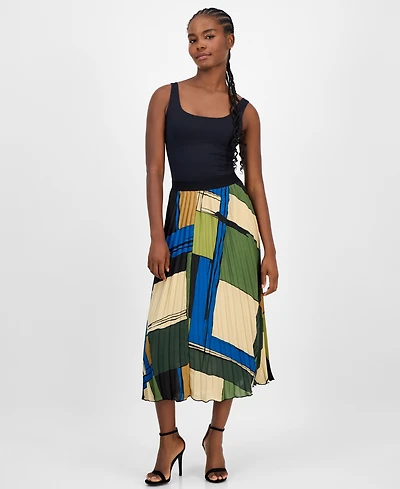 T Tahari Women's Printed Pleated Flared Midi Skirt