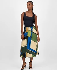 T Tahari Women's Printed Pleated Flared Midi Skirt
