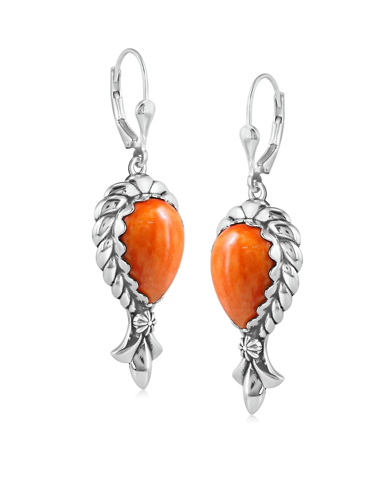 American West Jewelry Sterling Silver Orange Spiny Oyster Pear Gemstone Squash Blossom Lever Back Earrings