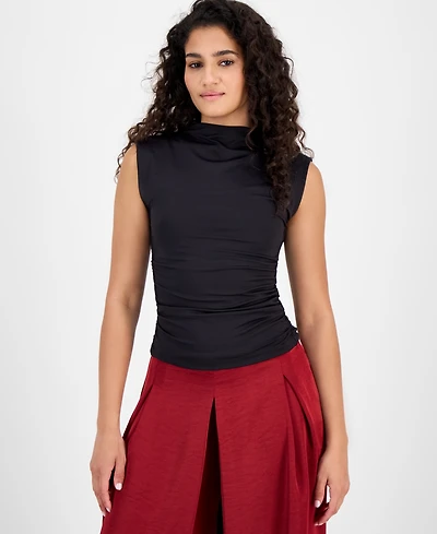 Bar Iii Women's Ruched Mock-Neck Sleeveless Top, Exclusively at Macy's