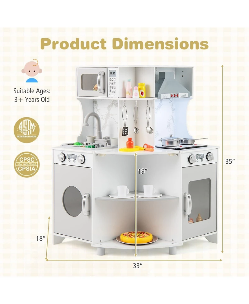 Kids Corner Wooden Play Kitchen with Range Hood and Stoves