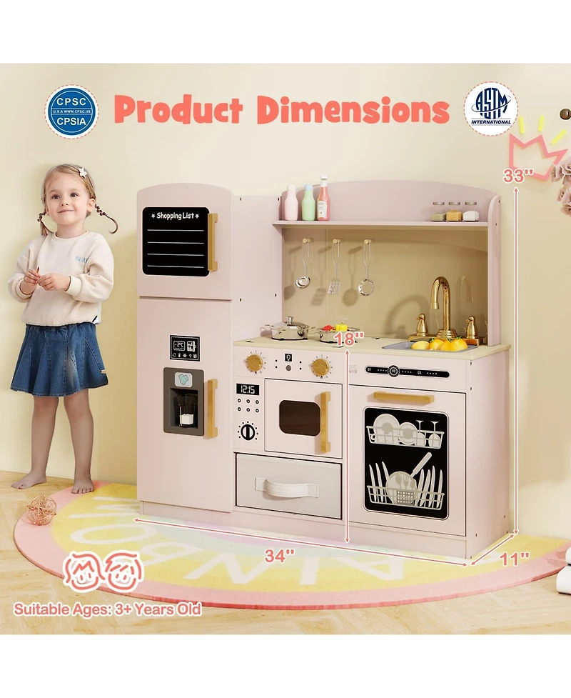 Wooden Kids Kitchen Playset with Chalkboard Ice Maker Sink Lighted Microwave