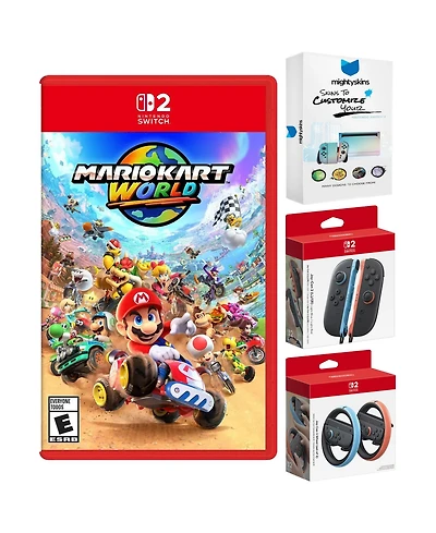 Nintendo Switch 2 Mario Kart World with Joy-Con 2 Blue/Red Controllers and Wheel with MightySkins Code