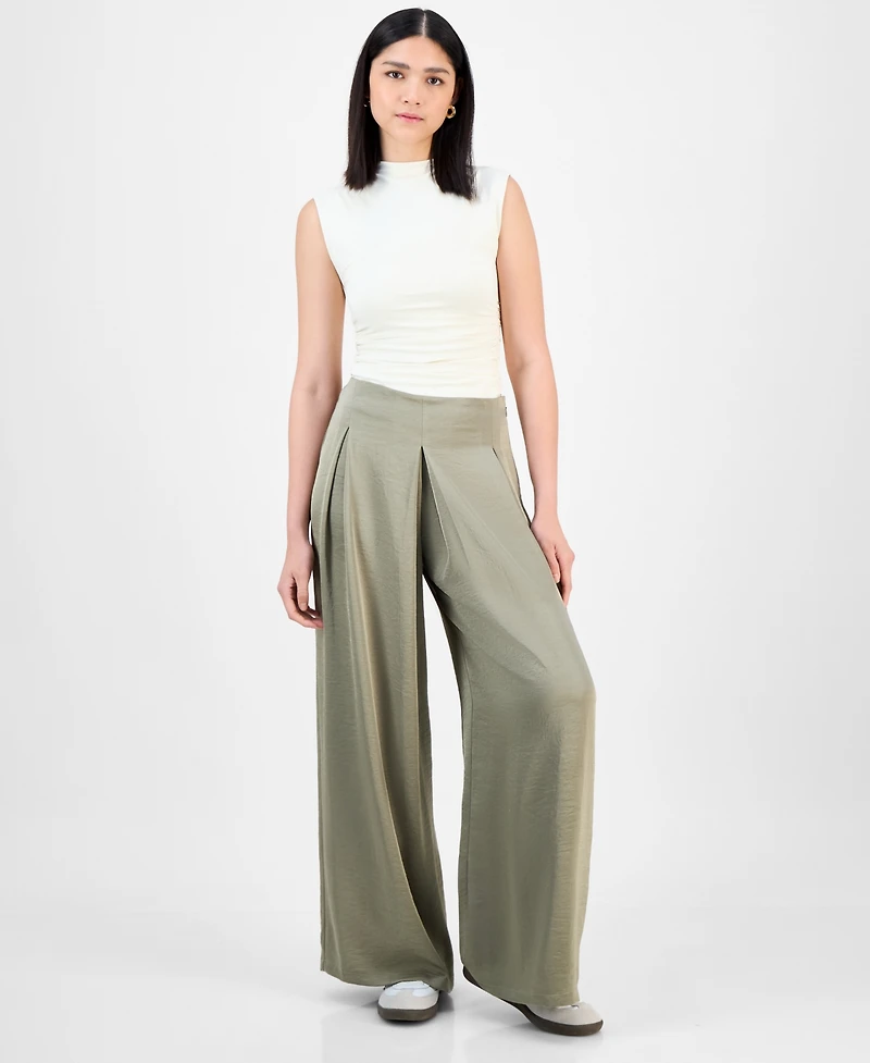 Bar Iii Women's High-Rise Pleated Wide-Leg Satin Pants, Exclusively at Macy's