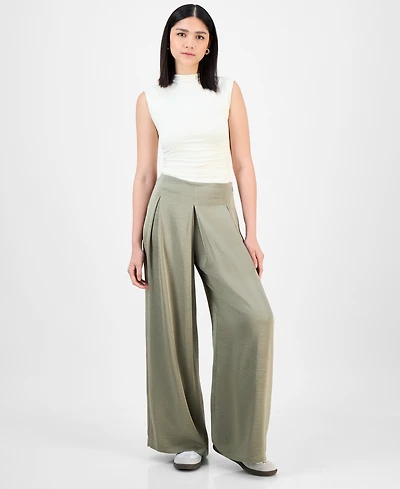 Bar Iii Women's High-Rise Pleated Wide-Leg Satin Pants, Exclusively at Macy's