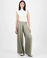 Bar Iii Women's High-Rise Pleated Wide-Leg Satin Pants, Exclusively at Macy's