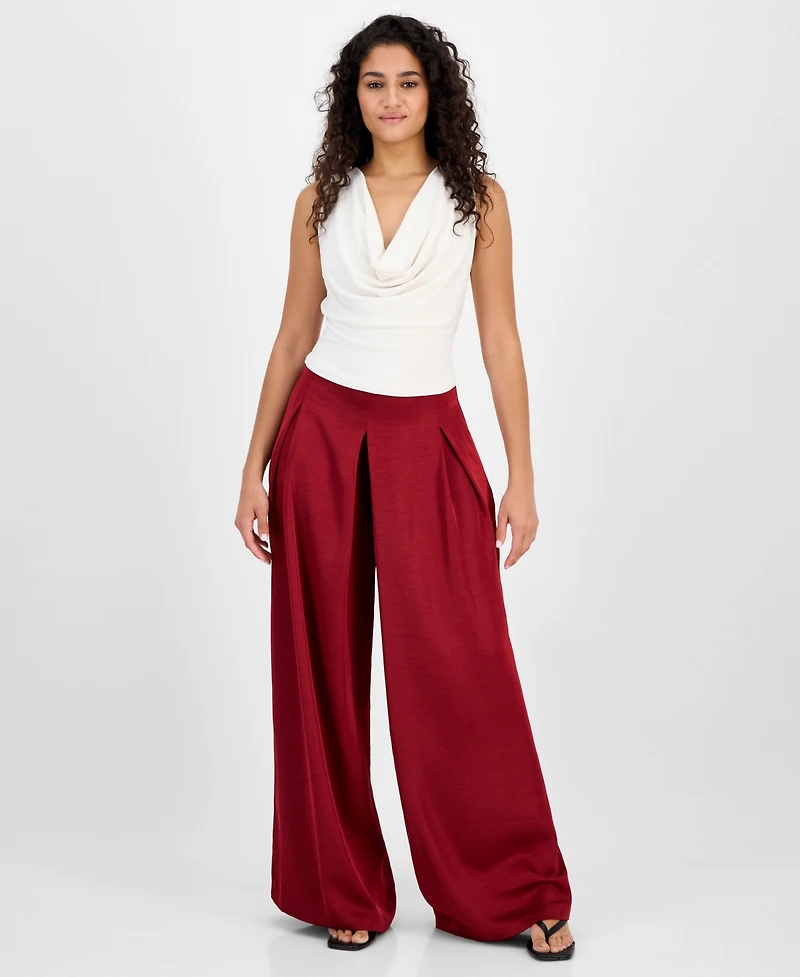 Bar Iii Women's High-Rise Pleated Wide-Leg Satin Pants, Exclusively at Macy's