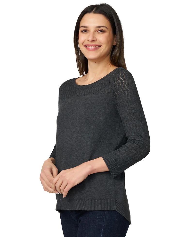 Melissa Paige Women's Crewneck Pointelle 3/4-Sleeve Lightweight Sweater