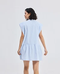 Reistor Women's Oversized V neck Short Dress with Frayed Sleeves