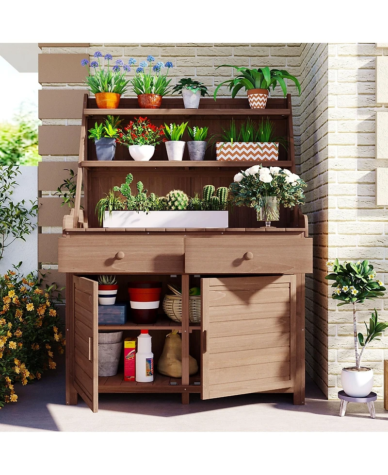Mondawe 65 Inch Fir Wood Potting Bench with Drawer and Cabinet Storage