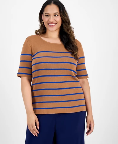 Tahari Asl Plus Striped Short-Sleeve Top