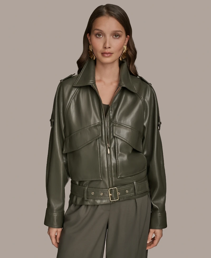 Donna Karan New York Women's Faux-Leather Zip-Front Belted Jacket