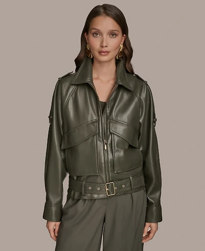 Donna Karan New York Women's Faux-Leather Zip-Front Belted Jacket