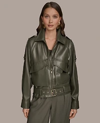 Donna Karan New York Women's Faux-Leather Zip-Front Belted Jacket