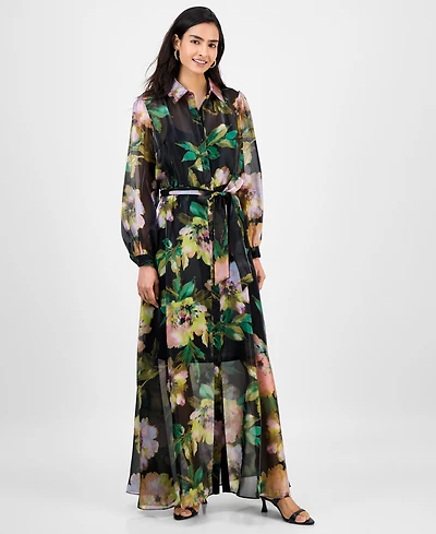 julia jordan Women's Floral Chiffon Maxi Shirtdress